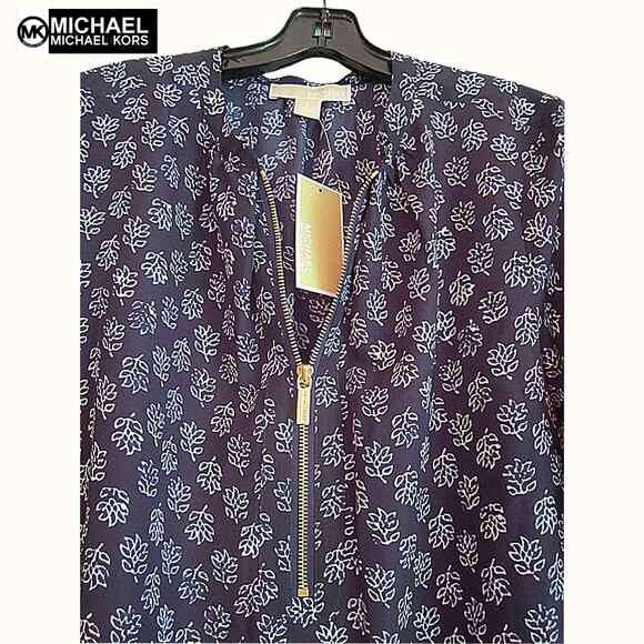 MICHAEL Michael Kors NEW Real Navy Vine-Leaf Zip 3/4 Sleeve Top - Picture 6 of 12